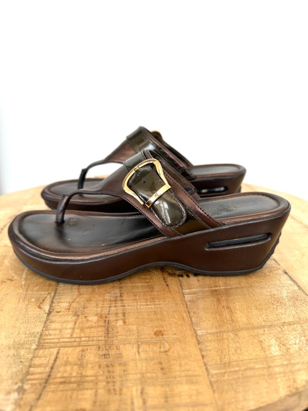 Cole Haan Dark Brown Wedge Platform Sandals with Gold Buckles, Leather Upper